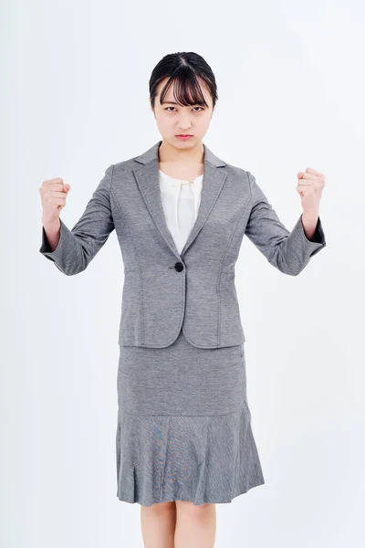 Kvinna Kostym Som Stressad Och Vit Bakgrund — Stockfoto