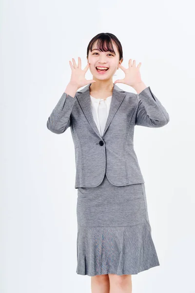 Young Woman Suit Smiling White Background — Fotografia de Stock