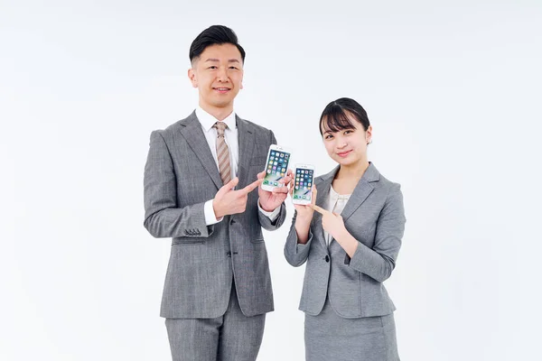 Man Woman Suits Smartphones White Background — Foto Stock