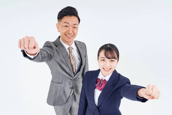 Man High School Girl Suit Doing Guts Pose White Background — Stock Photo, Image