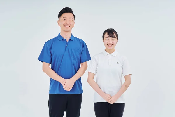 Man Woman Contractor Staff Wearing Polo Shirts White Background — ストック写真