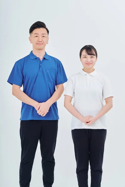 Man Woman Contractor Staff Wearing Polo Shirts White Background — Foto Stock