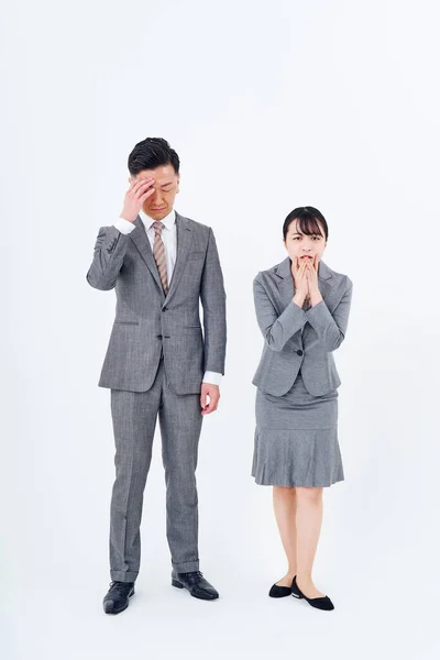 Man Woman Suits Stressed Expressions White Background — Stock Photo, Image
