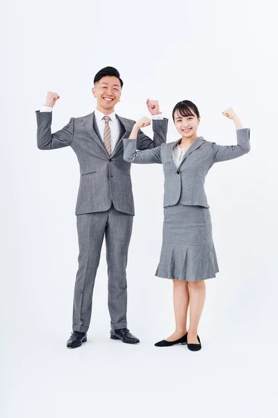 Man Woman Suits Posing Positively White Background — Zdjęcie stockowe