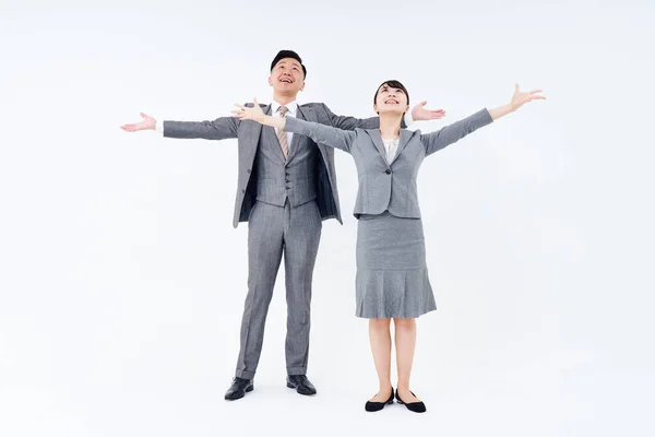 Man Woman Suits Posing Positively White Background — Stock Photo, Image