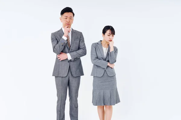 Man Woman Suit Who Poses Question White Background — Stock Photo, Image