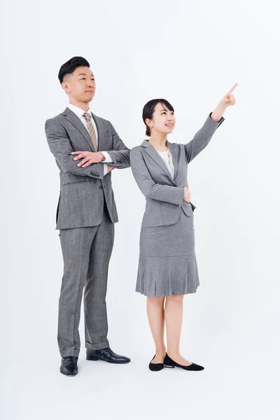 Man Woman Suits Posing Positively White Background — Fotografia de Stock