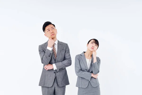 Man Woman Suit Who Poses Question White Background — ストック写真