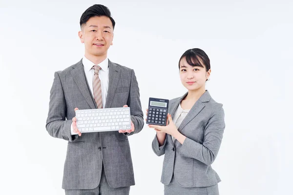 Man Woman Suits Keyboards Calculators White Background — Stock Photo, Image