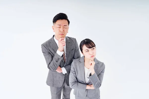 Man Woman Suit Who Poses Question White Background — Stok fotoğraf