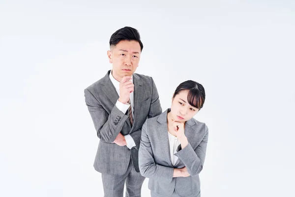 Man Woman Suit Who Poses Question White Background — Stock Photo, Image