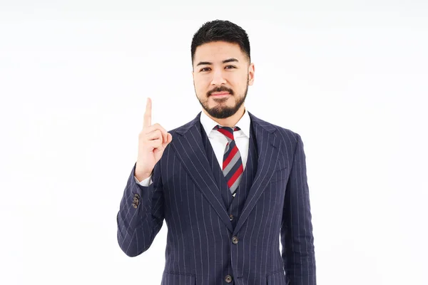 Man Suit Posing His Index Finger White Background — Foto de Stock