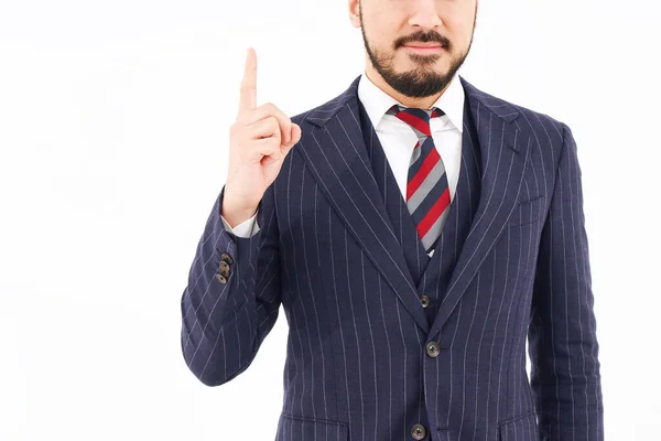 Homem Terno Posando Com Dedo Indicador Para Cima Fundo Branco — Fotografia de Stock
