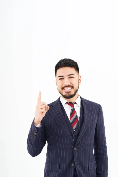 Man Suit Posing His Index Finger White Background — Foto de Stock