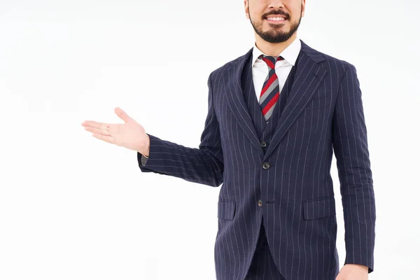 Man Suit Posing Guidance White Background — Stock Photo, Image
