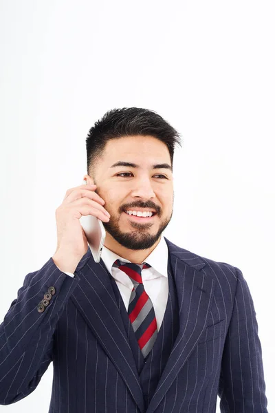 Man Suit Talking Smartphone White Background — Zdjęcie stockowe