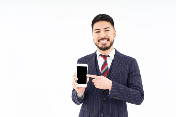 Een Man Een Pak Met Een Smartphone Witte Achtergrond — Stockfoto