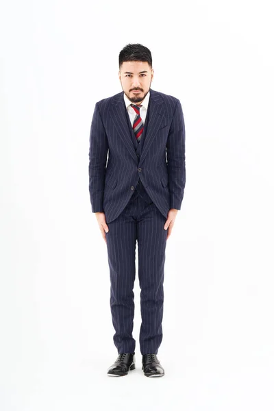 Man Suit Who Poses Apologize White Background — Stock Photo, Image