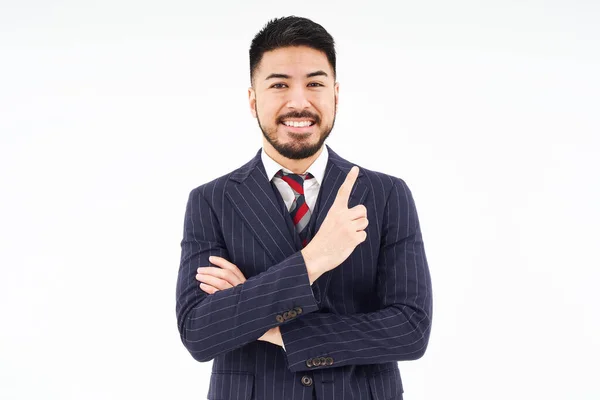Man Suit Posing His Index Finger White Background — Stockfoto