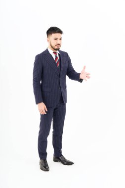 A man in a suit asking for a handshake and white background