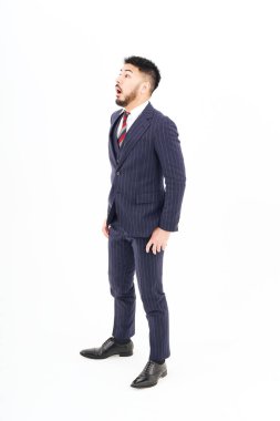 Businessman staring at the top of the screen and white background