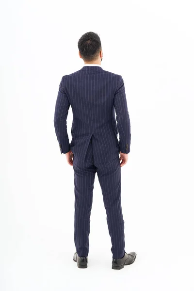 Back View Man Suit Standing Front White Background — 스톡 사진