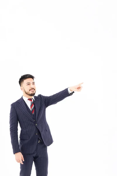 Man Suit Pointing White Background — Foto de Stock