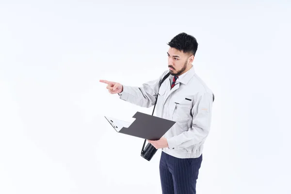 Business Person Work Clothes Confirming Pointing White Background — Stock Photo, Image