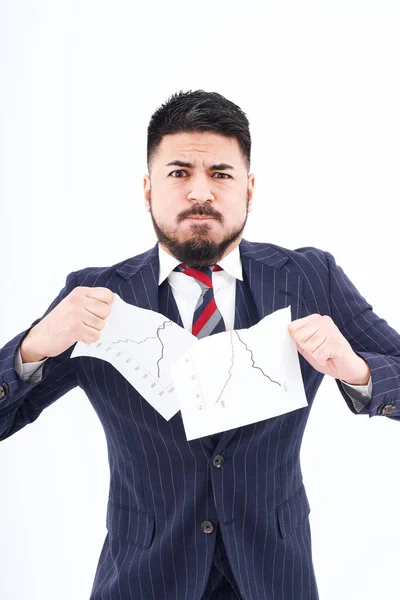 Man Suit Tearing Materials White Background — Stock Photo, Image