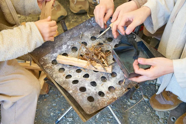 Image Person Hand Preparing Start Fire Camp — Stock Photo, Image