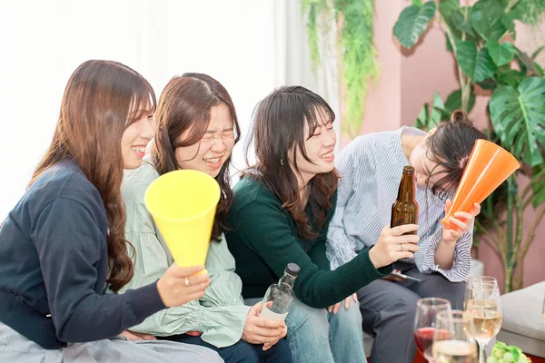 Four Young Women Who Disappointed Watching Sports — Stock Photo, Image