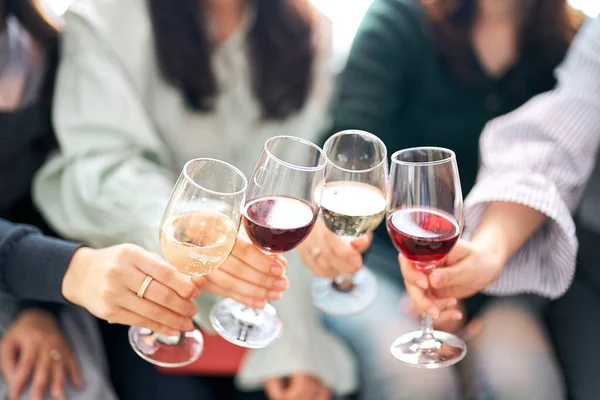 4人の若い女性がワインで乾杯 — ストック写真