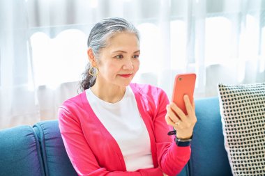 Üst düzey kadın kapalı alanda akıllı telefon ekranına bakıyor.