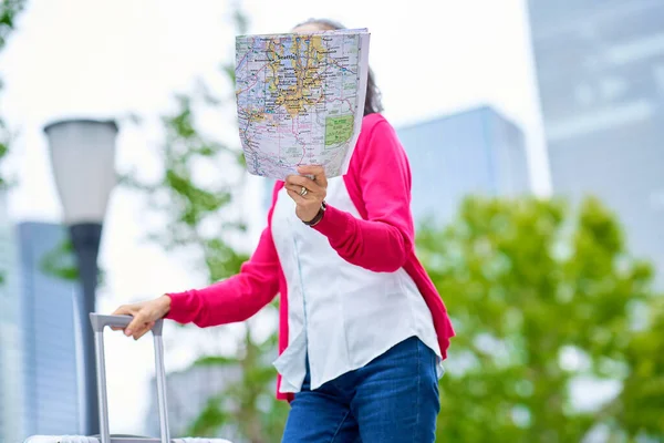 Senior Woman Walking Outdoors Map Hand — Stock Photo, Image