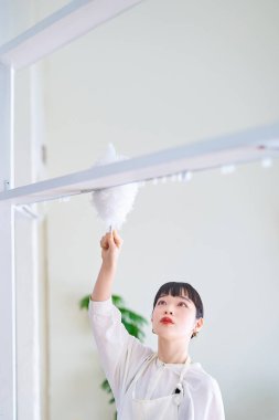 Odanın her köşesinden toz temizleyen genç bir kadın.