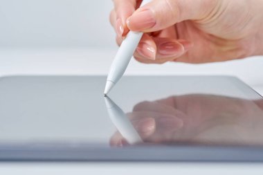 Stylus kalem kullanan bir kadının eli