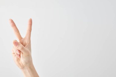 V işaretini ve beyaz arkaplanı oluşturan bir elin yakın çekimi