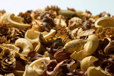 Masada bir sürü yaprak ve kozalak var.