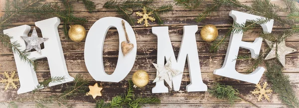 Home White Letters Gold Christmas Decoration Old Wood — Stock Photo, Image