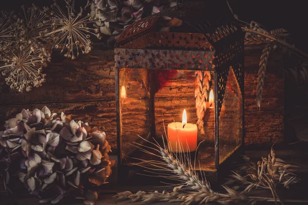 Lantern Sušené Hortenzie Květiny Rustikálním Dřevěném Pozadí Krásné Podzimní Dekorace — Stock fotografie