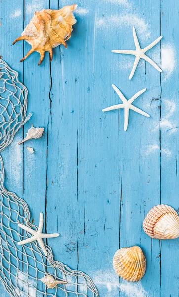 Coquillages Étoiles Mer Sur Fond Bleu Rustique Bois Concept Vacances — Photo