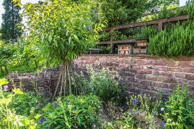 Taş duvarlı doğal bahçe, yerli bitkiler ve böcek otelleri, böcek otelleri, böcek evleri. Doğal bahçe konsepti.