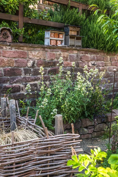 Natural garden with native plants, stone wall, compost and insect hotels, bug hotels, insect houses. Natural gardening concept. Vertical.