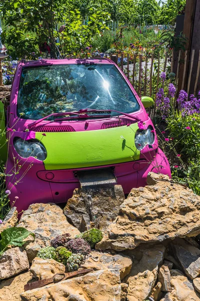 Old Pink Green Planted Car Used Decoration Flower Pot Garden — Stock Photo, Image