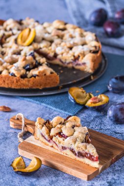 Bir parça ev yapımı Alman erikli keki (Zwetschgenkuchen) maya hamurlu ve ufalanmış, dikey