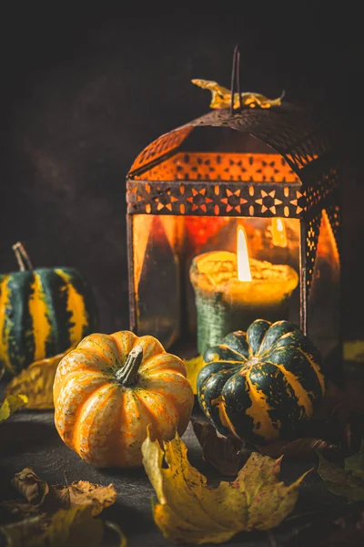 stock image Pumpkins and rusty lantern with candle for autumn decoration, dark wooden background, vertical