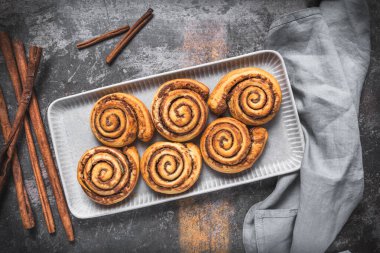 Gri arka planda gri bir toprak tepside ev yapımı tarçın ruloları.