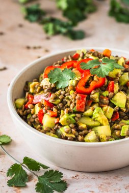 Lentil salad with avocado and red pepper on light background, vertical clipart