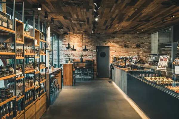 Вид Сучасну Пекарню Магазином Кафе Індустріальний Стиль Цегляною Стіною Деревом Стокова Картинка