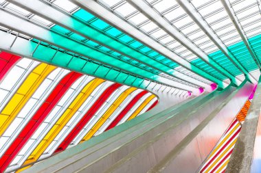Liege, Belçika - 20.05.2024: Boyalı camlı pencereli Guillemins istasyonunun modern çatısı. İstasyon mimar Santiago Calatrava tarafından tasarlandı ve 2009 yılında açıldı..